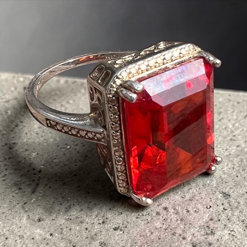 Sterling Silver Orange/Red Emerald Cut Ring Statement Bold Vintage Style 8.75 - Picture 2 of 8